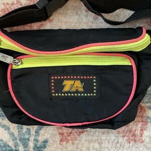 Vtg 80s 90s TA Fanny Pack Three Pocket Black Neon Waist Pack Adjustable Retro